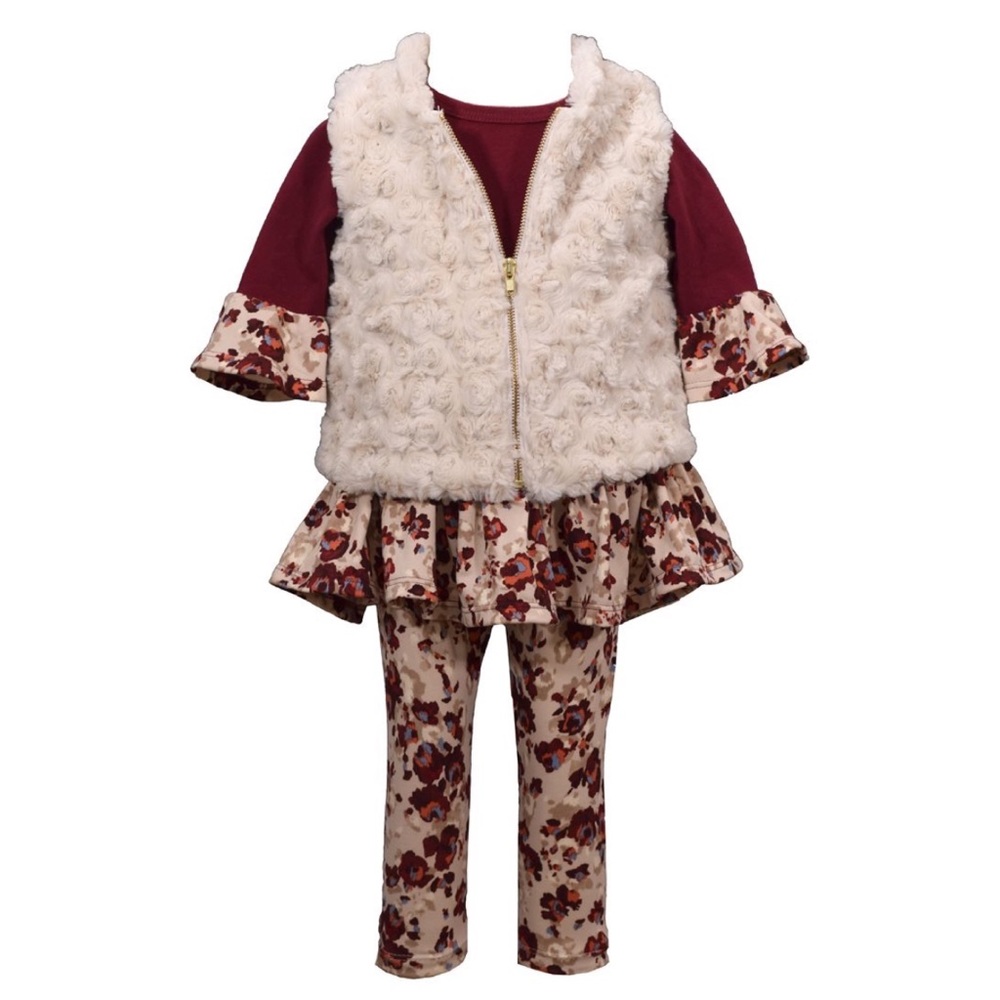 Girls Fall Winter Burgundy 3 Pieces Vest Set New